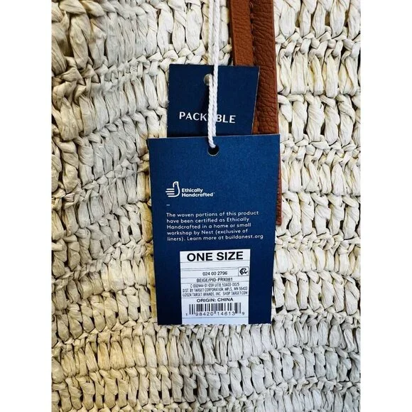 Universal Thread Straw Packable Checker Boxy Tote Beige NWT Summer Bag - Picture 5 of 10